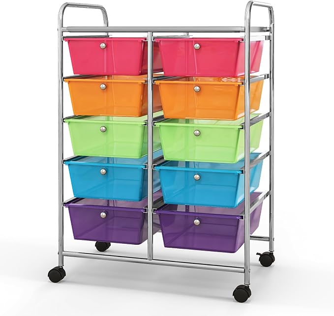 Giantex 10 Drawers Rolling Cart, Classroom Organizers, Storage Cart with Wheels, for Teacher Office Home School Supplies Tool Craft Art Paper
