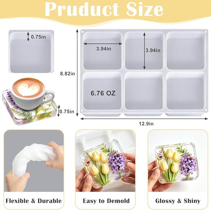 YOILES Deep Coaster Resin Molds Silicone,Epoxy Resin Molds | Square Silicone Molds for Resin Casting Craft Mold for Flower Preservation DIY Art(Square)