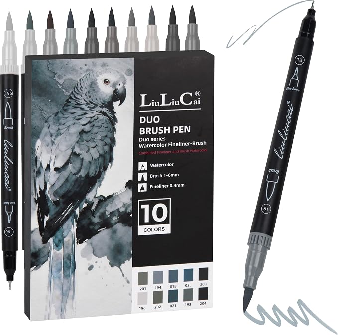 LIULIUCAI 10 Gray Dual Markers, Fine & Brush Tip Pen for Adult Coloring