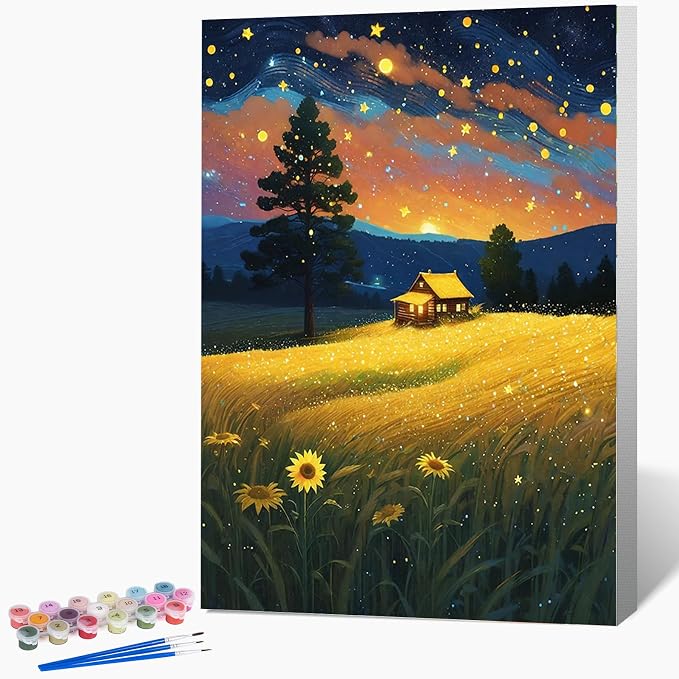 Framed Paint by Numbers Kit for Adults Beginner, Starry Night Easy Adult Paint by Number Kits on Canvas, DIY Acrylic Watercolor Landscape Oil Paint by Number for Adults for Home Decor Gift 8x12 Inch