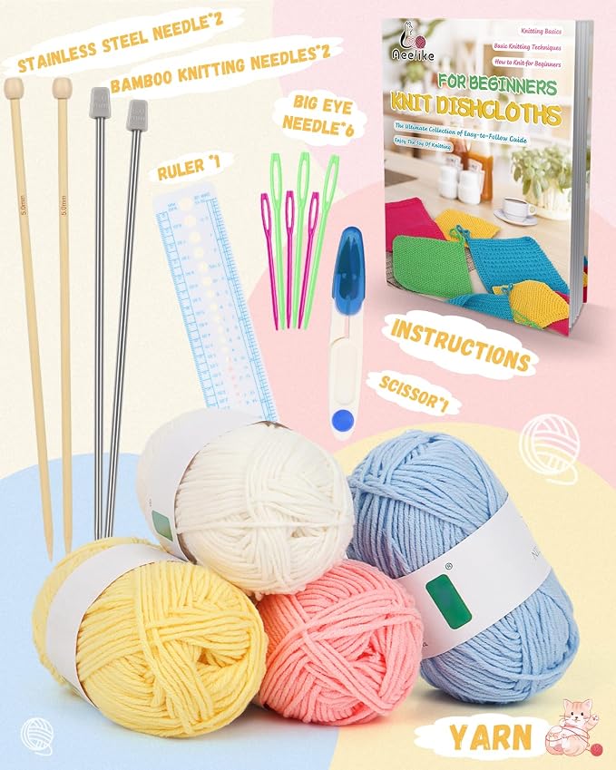 Aeelike Knitting Kit for Beginner Adult, Easy Dishcloth Knit Set, Color B | Knitting Set with Knitting Needles Milk Colorful Cotton Yarn Step-by-Step Instructions, Learn Basic Knitting, Ideal Gift