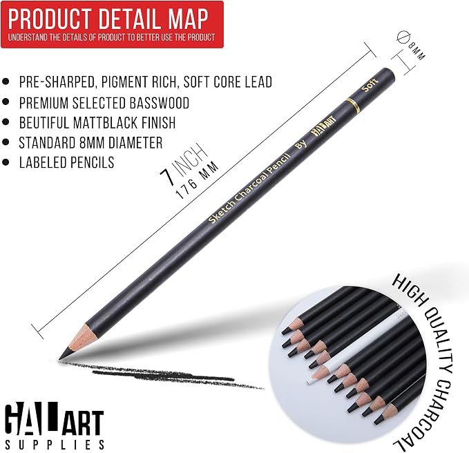 Charcoal Drawing Set with Organizer Tray – 12 Pieces Soft, Medium, Hard and White Charcoal Pencils for Drawing, Shading and Sketching for Artists and Beginners