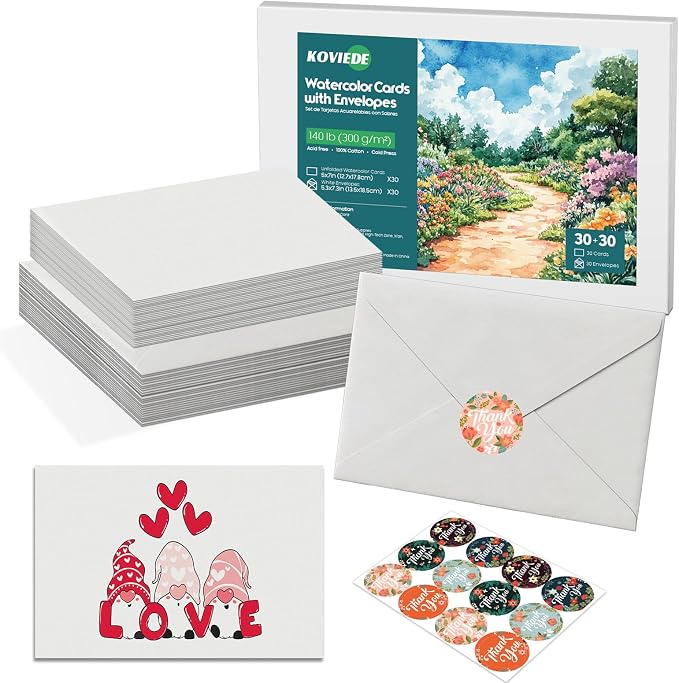 30 Packs Blank Watercolor Cards with Envelopes 5 x 7 Inch 140lb/300gsm