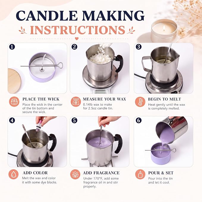 Honeydak Fall Candle Making Supplies DIY Craft Tools for Adults Beginners | 4oz Metal Candle Tins with Lids Bulk, 44oz Stainless Candle Pouring Pitcher with Spoon, Candles Wicks, Stickers, Wicks Holder