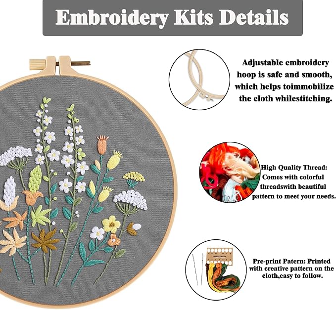 GLTAYLMY 3 Pack Embroidery Starter Kit for Beginners Stamped Cross Stitch Kits with Cute Flowers and Plants Patterns with 1 Embroidery Hoop and Color Threads for Adults