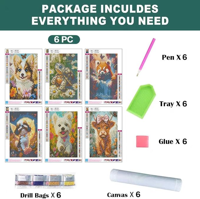 6 Pack Diamond Art Kits for Adults, Animals Diamond Painting Kits 8x12 inch