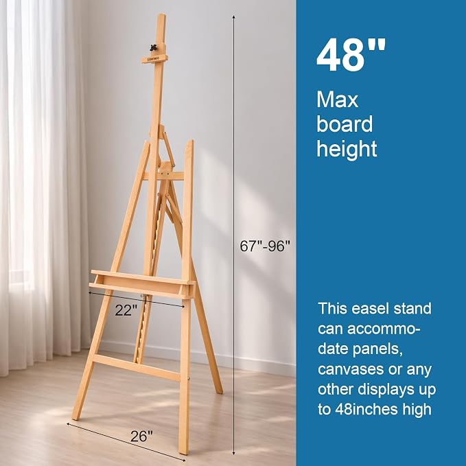 Adjustable Beechwood A-Frame Studio Easel with Storage Tray, Natural