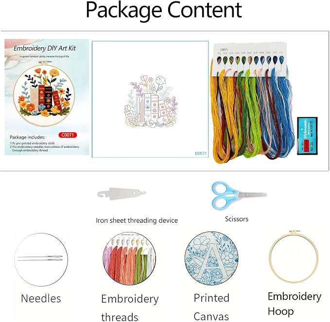 Zhenqing Book Lover Embroidery Kit for Beginners, Floral Book Stack Needlework Craft with Pre-Printed Cotton Fabric, Hoop, Threads & Tools, Reading Decor (C0071)