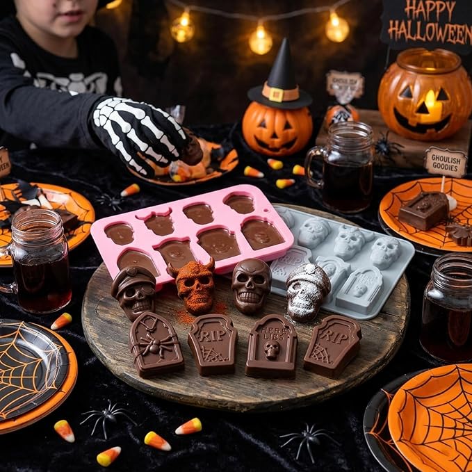 Halloween Silicone Molds, 2 Pack Skull Tombstone Silicone Chocolate Molds, Skull Silicone Candy Molds Silicone Baking Molds for Chocolate, Cake, Soap, Resin, Halloween Party Supplies