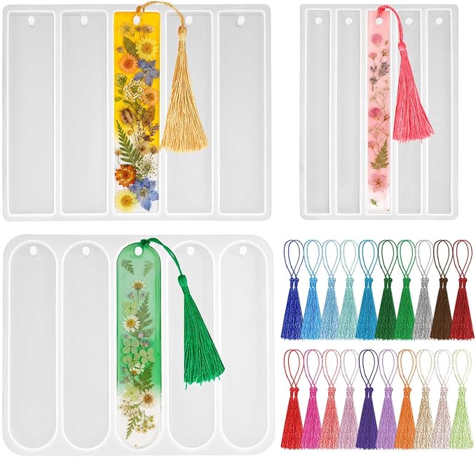 3 Pcs Bookmark Silicone Molds, Rectangle Bookmarks Molds with 40 Pcs Tassels, Bookmarks Resin Mold for DIY Home Decoration, Art Crafts, Birthday Gifts (Bookmark)