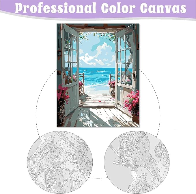 DIY Scenery Paint by Numbers Kit for Adults with Framed Canvas,Landscape Beach Digital Oil Painting Kit for Beginners,Acrylic Paint by Number Kits with Wooden Easel for Holiday Gifts 12X16 Inch.