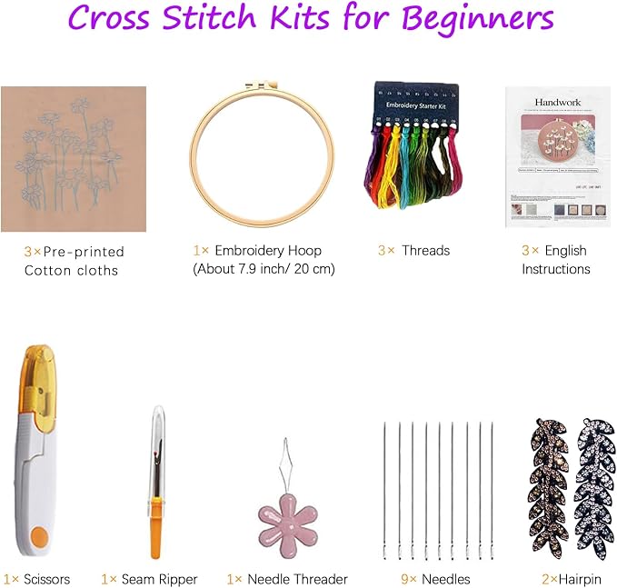 CHIYOSING Embroidery Kit for Beginners Adults, 3 Floral Pattern to Learn Over 30 Different Stitches,Includes Step-By-Step Instructions,Sharp Scissors and 2 Exquisite Hairpins and Multiple Accessories