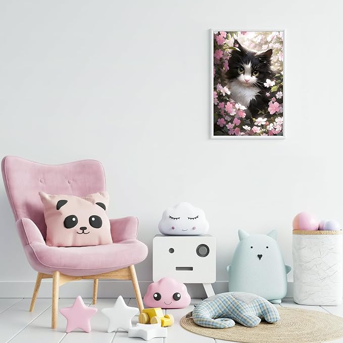 Ginkko Paint by Numbers Kit for Adults Beginner & Kids Ages 8-12 with Wooden Frame Easy Acrylic on Canvas 8x12 inch with Paints and Brushes, Cat Flower (Include Framed)
