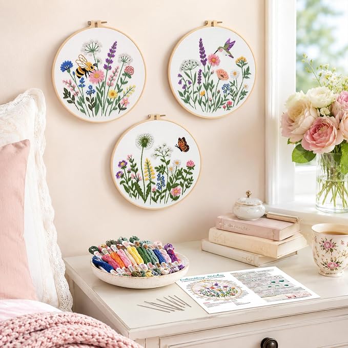 Nuberlic Embroidery Kit for Beginners, 3 Pack Floral Stamped Embroidery Starter Kit with Hoop, Pre Printed Flower Patterns, Threads, Needles and Step by Step Instructions, DIY Needlework Gift