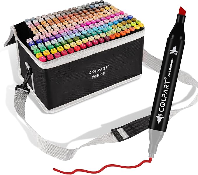 colpart 204 Colors Alcohol Markers Dual Tip Art Marker Pens with Pen Holder and Carry Bag for Adult Coloring Painting Supplies Perfect for Painting, Coloring, Sketching and Drawing