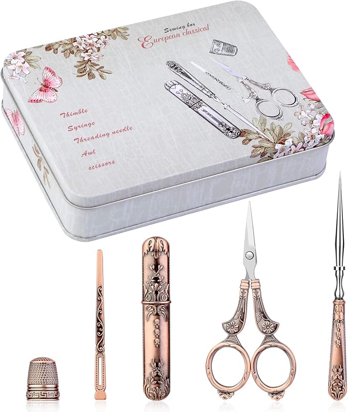 BUTUZE Embroidery Scissors Kit, European Antique Vintage Sewing Kit, Complete Vintage Sewing Tools with Embroidery Scissors,Original Case,Sewing Needle Case, Awl for Sewing, Craft, Needlework