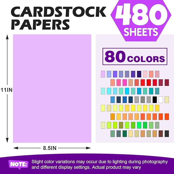 TUXIYA 480 Sheets 8.5" X 11" Colored Cardstock, 80 Colors Card Stock