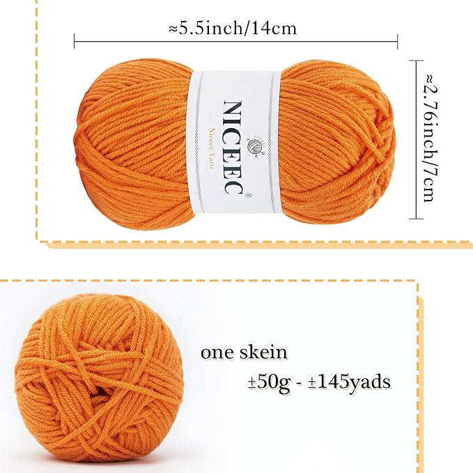 NICEEC 300g Soft Assorted Colors Yarn 100% Acrylic 870yds -Orange