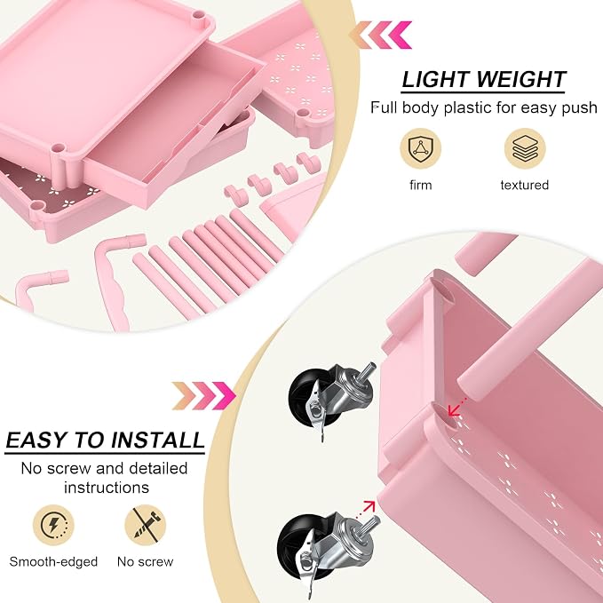 Goovilla 3 Tier Rolling Utility Cart Organizer with Removable Drawer, Pink | Stable and Sturdy Rolling Storage Carts with 2 Lockable Wheels for Bathroom, Kitchen, Snack, Craft, Makeup, Baby Essentials