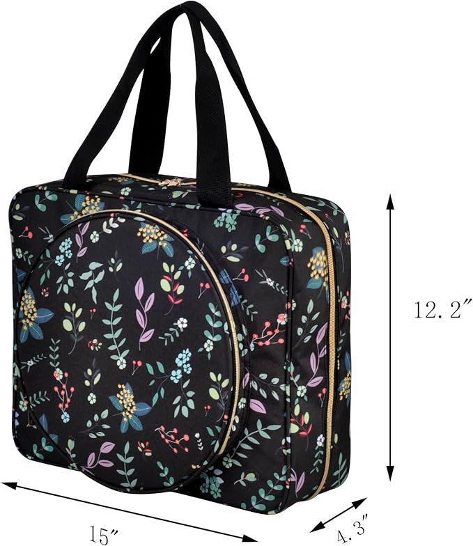 Portable Square Cross Stitch Starter Kits Bag Embroidery Project Bag Embroidery Tool Storage Tote Bag with Multifunctional Pockets, Bag Only (Black Leaves)