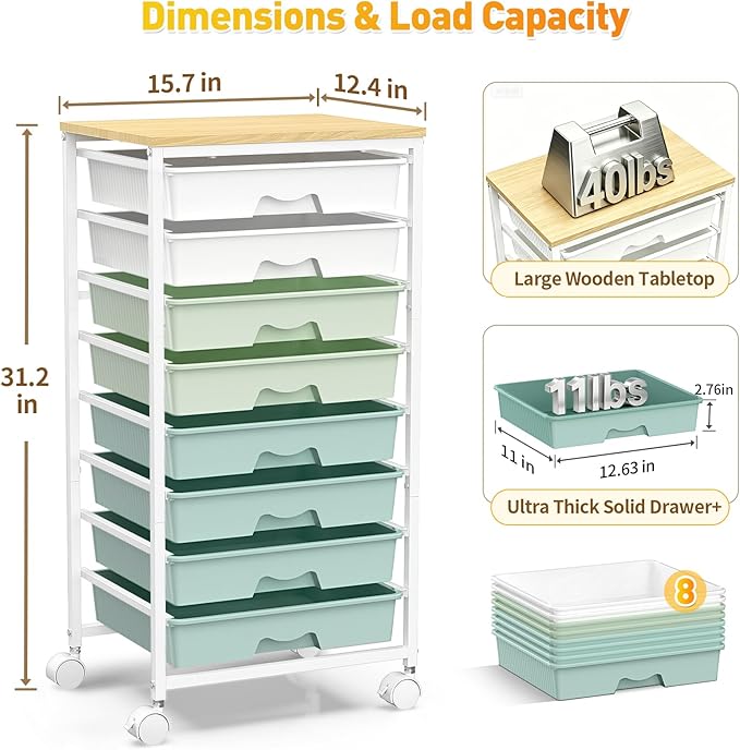 SUNALLY Rolling Cart With 8 Drawers,Storage Drawer Cart for Craft Art,Green | Storage Utility Cart with Wooden Tabletop & 2 Lockable Wheels, Teacher Storage Cart for Classroom School Storage, Makeup,Nail