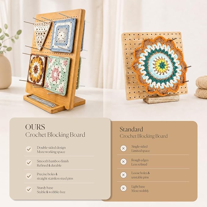 11.8" Double Sided Crochet Blocking Board, Granny Square Blocking Board with 30 Stainless Steel Pegs, Bamboo Blocking Boards for Crochet Projects, Crochet Block Gift for Crocheters