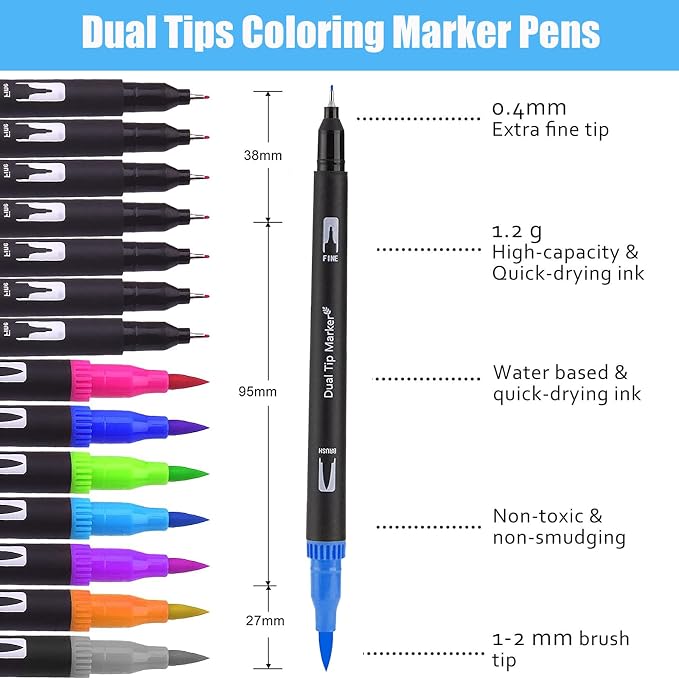 Blue Double Tip Brush Pens Art Markers,24 Colored Artist Fine Brush Pen Coloring Markers for Adult Drawing Art Craft Kit