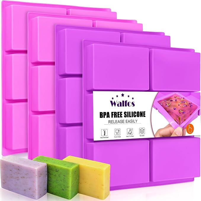 Walfos Silicone Soap Molds,Rectangle Mold 6 Cavities,Non-Stick,4 Pack