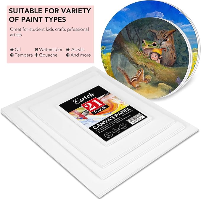 ESRICH Canvas Boards for Painting-21 Pack Blank Flat Canvas Boards-4x4, 5x7, 8x10, 9x12, 11x14, Round Canvas D8, D10, Cotton Primed Canvas Panels, Painting Canvas for Oil, Acrylic, Watercolor.