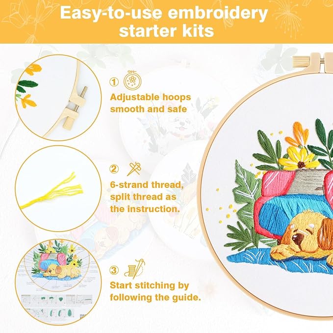 GLTAYLMY Cute Dogs Embroidery Kit for Beginners with Pattern and Instructions,3 Pack Cross Stitch Kits,1 Plastic Embroidery Hoops,Threads and Needles,Needlepoint Kit for Adults