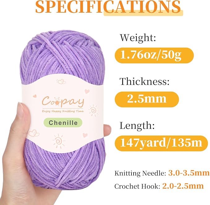 Coopay Skinny Chenille Yarn for Crocheting & Knitting, Purple Gradient | Crochet Yarn Set - 600g Total, Velvet Yarn for Colorful Crafts, Blankets, Plush Dolls, Decorative Handmade Works