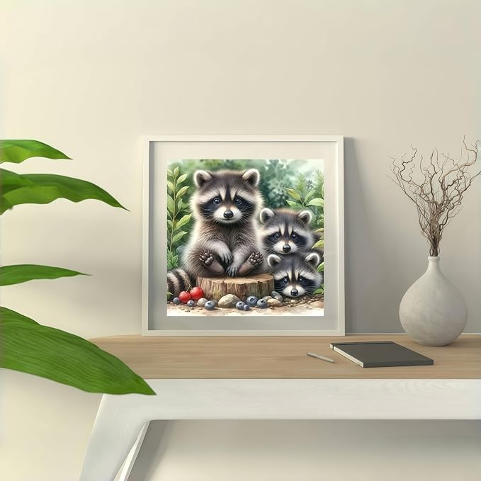 5D Animals Diamond Painting Kits for Adults,Raccoon Family Diamond Art Kits | DIY Full Drill Diamond Dot Gem Painting for Home Wall Decor 13.78x13.78inch