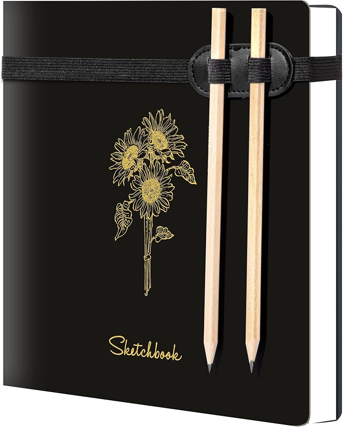 Hardcover Sketchbook for Drawing with 2 Pencils,160 Page Sketch Book,Black | Acid Free 150GSM Thick Paper,Gift Boxed,Square Leather Art Sketch Pad Drawing Paper Book Artist's Journal for Women Adults