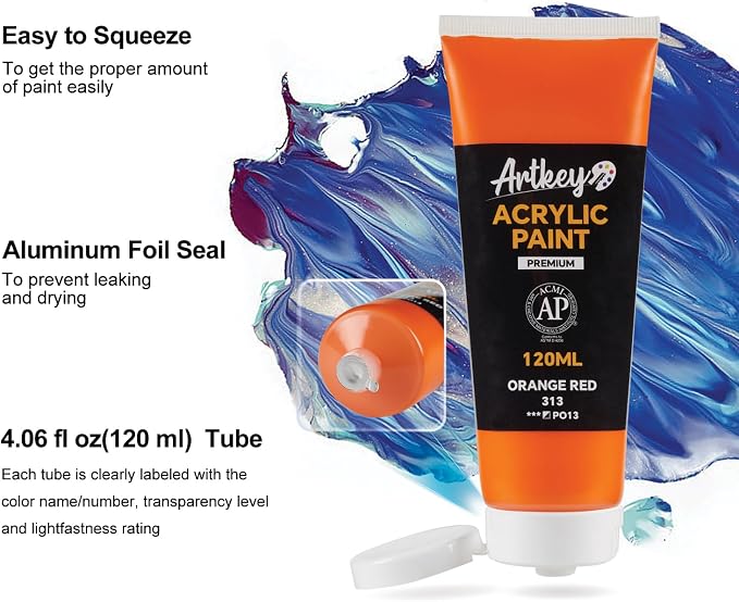 Artkey Acrylic Paint - Orange Red (120 ml/4.06 oz) Tubes, Rich & Vibrant Pigments, Professional Artists Acrylic Paints - Art Supplies for Canvas Wood Rock Clay Fabric Ceramics Art Crafts Painting