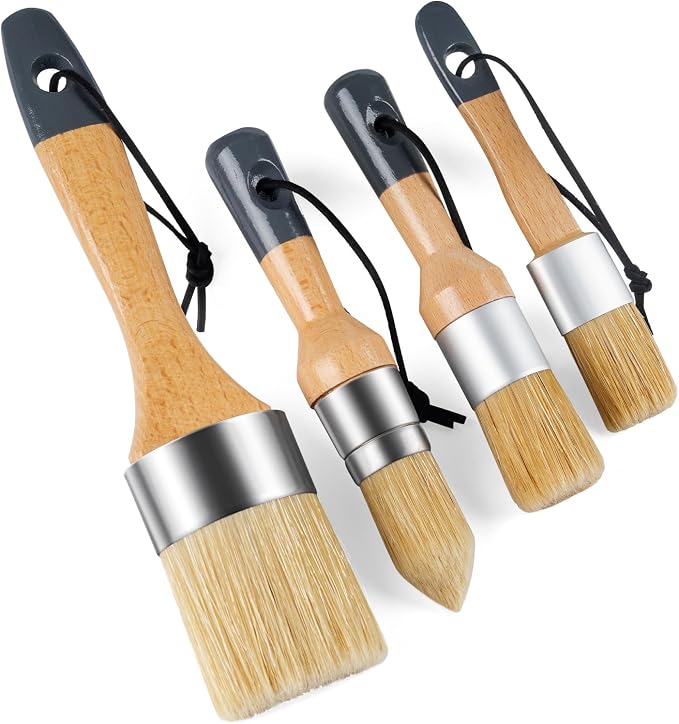 Mister Rui Chalk Wax Paint Brush 4 pcs, Large Wax Brush for Furniture | Natural Bristles Stencil Paint Brushes for All in One Paint, Acrylic Paint, Cabinets for Home Decor, Art Crafts, No Shedding