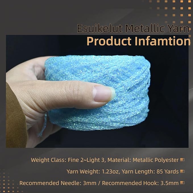Metallic Glitter Yarn for Crochet & Knitting, Fine 2 Light Weight Worsted for Crochet Knitting, 35g 1.23oz, 85 Yards Soft Craft Sparkle Yarn (Blue)