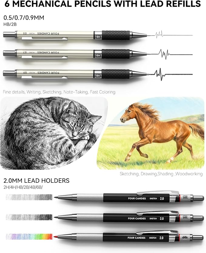 Four Candies 73PCS Advanced Drawing Kit with Professional Art Supplies | Fineliner Pens, Mechanical Pencils, 3-Color Sketchbook, Charcoal Sticks,Pastels for Sketching Drawing Comics, Artists