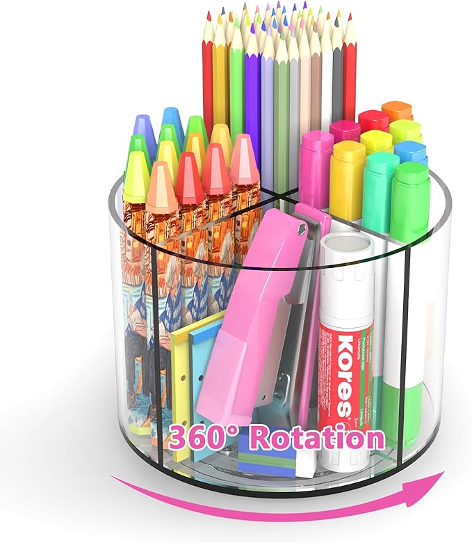 Small Pencil Organizer for Desk Acrylic Art Organizer Clear 4 Compartments | Rotating Art Supply Organizer for Kid, Spinning Marker Caddy Pen Organizer for Desk, Acrylic Pen and Pencil Organizer Storage