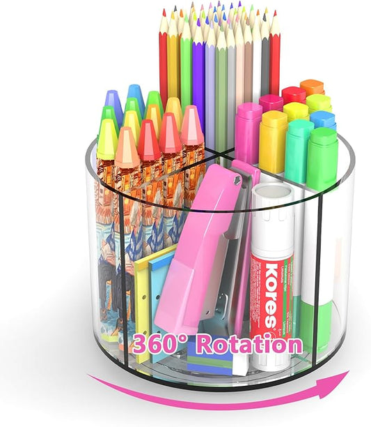 Small Pencil Organizer for Desk Acrylic Art Organizer Clear 4 Compartments | Rotating Art Supply Organizer for Kid, Spinning Marker Caddy Pen Organizer for Desk, Acrylic Pen and Pencil Organizer Storage