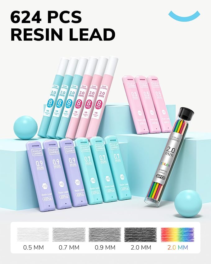 Four Candies 36PCS Mechanical Pencil Set with 624 Lead Refills (Light Blue)