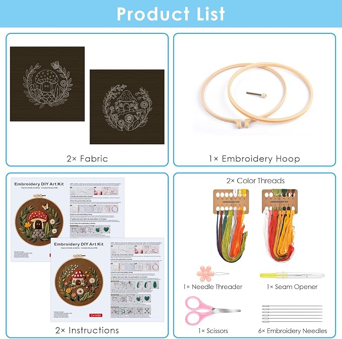 ERKOON Embroidery Kit for Beginners, 2 Set Flower Cross Stitch Set Include Embroidery Cloth Hoops Threads for Craft Lover Hand Stitch with Embroidery Skill Techniques (Mushroom)
