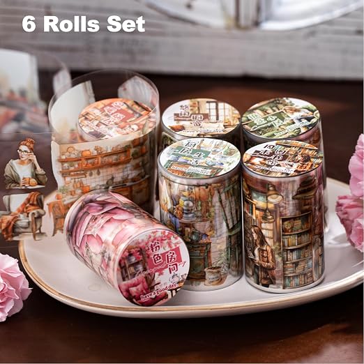 6Pcs Living Theme PET Tapes, Home Tapes for Journaling, Scrapbook Supplies, and Junk Journal Ephemera, with Decorative Clip