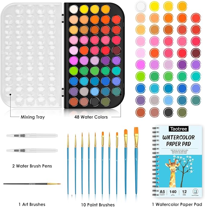 Taotree 48 Watercolor Paint Set with 10 Paint Brushes and Watercolor Book | Watercolor Workbook, Watercolor paper, Water Coloring Book with Palette, Drawing Pad, Painting Art Supplies for Adults Artist