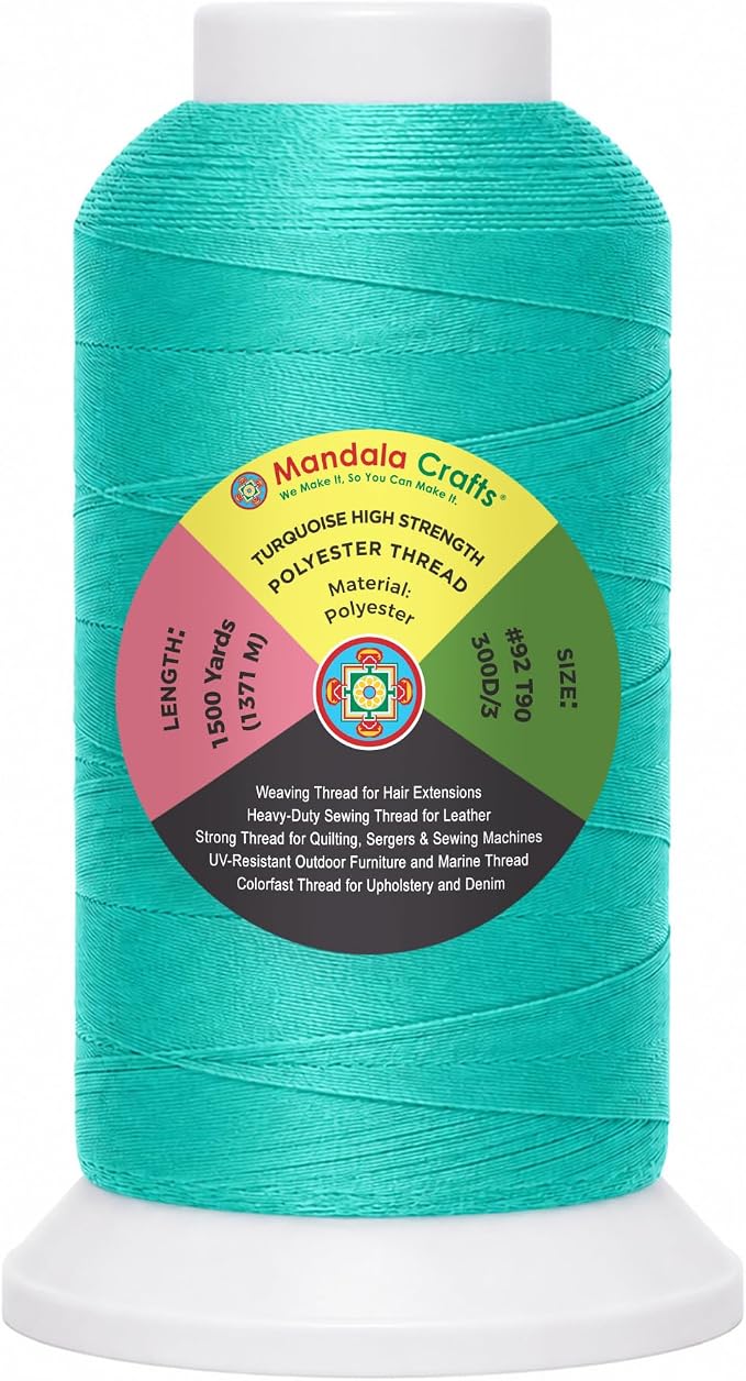 Mandala Crafts Turquoise Tex 90 Polyester Heavy Duty Thread for Upholstery | 1500 Yds T90 UV Resistant Strong Thread for Leather Sewing, Marine, Drapery, Jeans, Hair Weaving & Extension, Outdoor