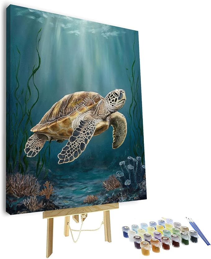TUMOVO Painting by Numbers Canvas, Adult Paint by Number - Sea Turtle Swimming in a Vibrant Coral Reef Ocean, Underwater Marine Life Art, Paint by Numbers Kit for Adults, 16x20 Inch(Framed)