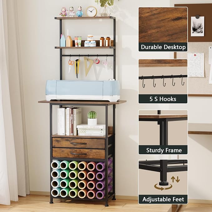VENNQD Craft Organizers and Storage Cart with Fabric Drawer, Craft Table for Cricut Machines, 4 Tiers Crafting Desk Vinyl Roll Holder, Crafting Table Workstation for Craft Room Home, Rustic Brown
