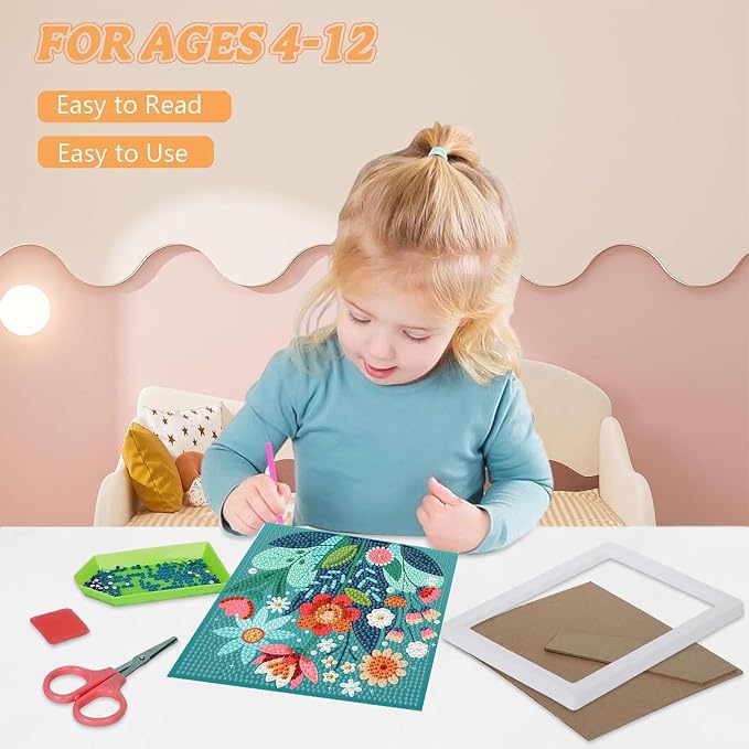cviokrdu 4 PCS Diamond Art Kits for Kids, Flowers Diamond Art for Kids Ages 4 8 12, Flower Gem Art Kit Crafts Beginners for Gift Home Wall Decor (6x6inch)