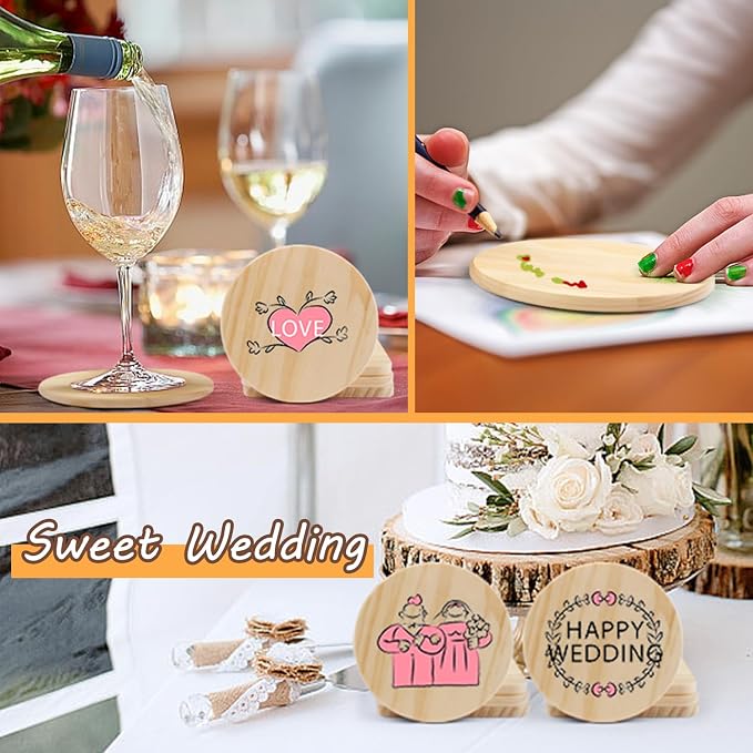 96 pcs Unfinished Wood Coasters for Crafts,Cymuber 4 Inch Blank Wooden Coasters,Blank Coaster with Non Slip Pad for DIY Stained Painting Wood Engraving Wedding Halloween Christmas Home Decoration