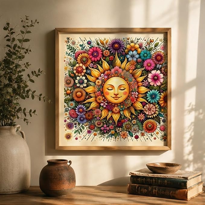 CHWGLFGG 5D Sun Face Diamond Art Kits for Adults Beginners 13.8x13.8 Inch | Vintage Floral Mandala Diamond Painting Kit, DIY Full Round Drill Paint by Diamonds Dot Gem Art for Adult, Home Wall Decor
