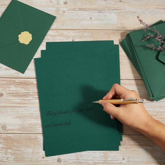 50 Pack Dark Green A7 Envelopes with Cards and Gold Stickers, 5x7